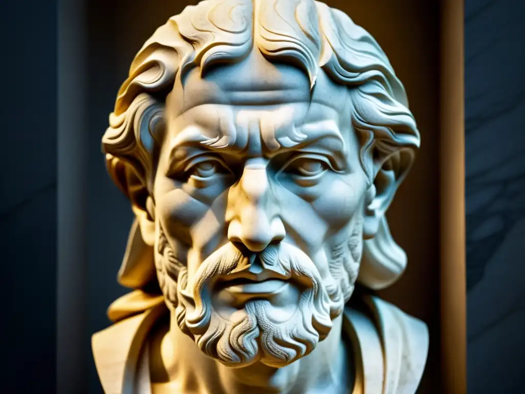 Detalles intrincados del rostro esculpido en mármol de un filósofo estoico transmiten sabiduría atemporal y fuerza interior