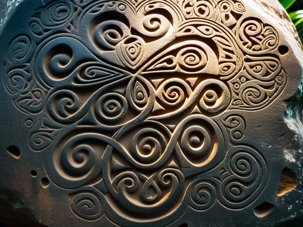 Detalles nítidos de un petroglifo Taino en piedra envejecida, simbolizando la filosofía caribeña precolombina yin yang