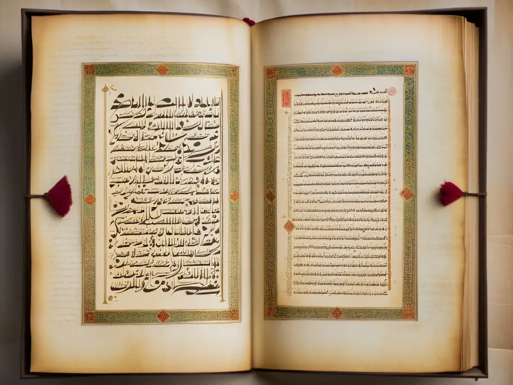 Detalles de un poema Sufi escrito a mano en pergamino envejecido, con caligrafía árabe intrincada y delicadas ilustraciones