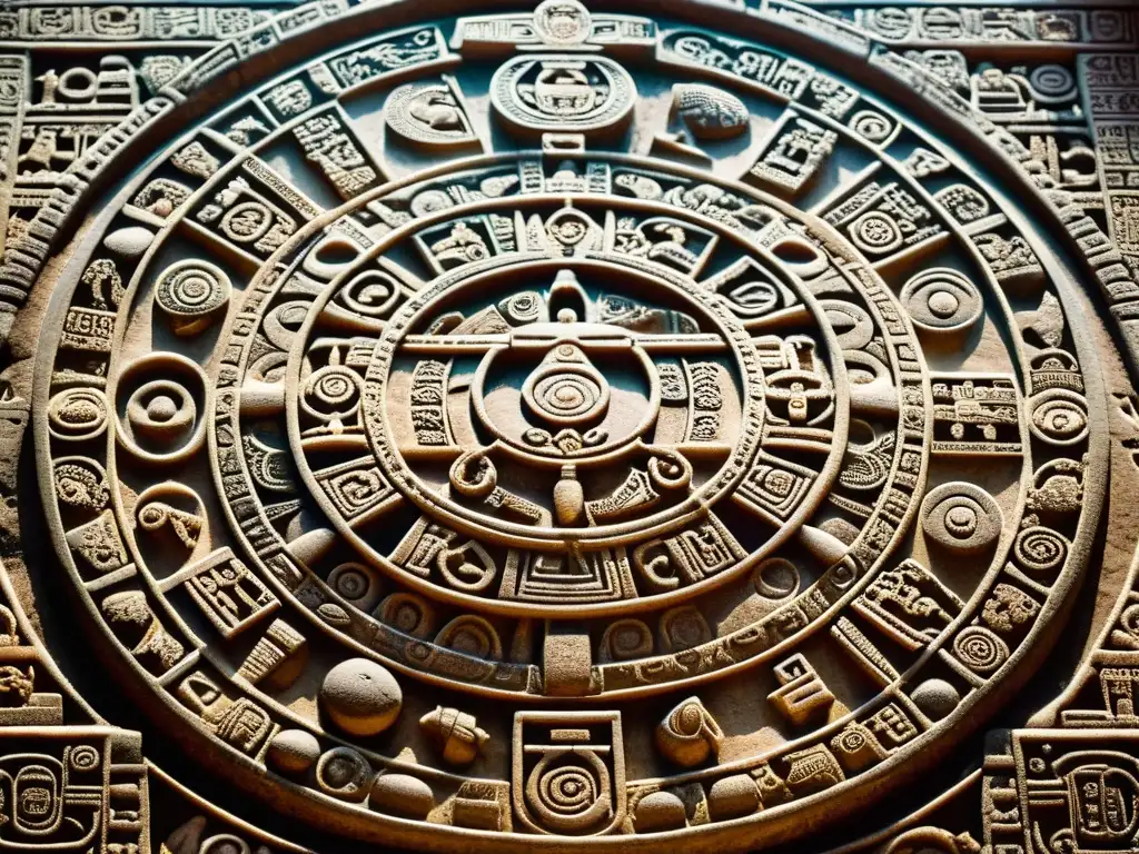 Detalles tallados en piedra del antiguo calendario maya, simbolizando ciclos del tiempo