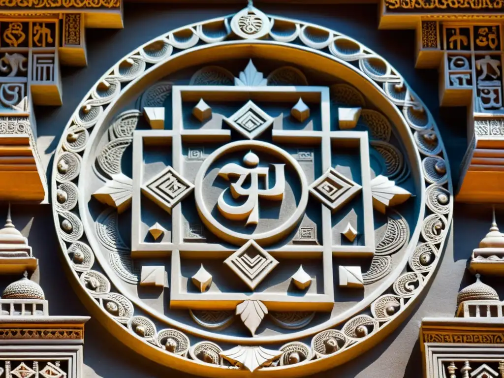 Detalle impresionante del techo tallado en el templo Jain Detalles tallados en techo de templo jainista, mostrando significado símbolos jainismo en intrincados motivos y juego de luces y sombras