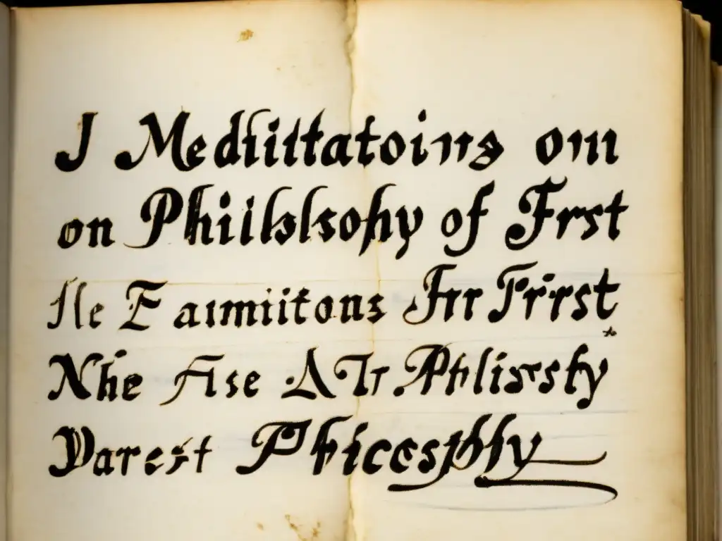 Detalles ultradetallados de las notas manuscritas de René Descartes en 'Meditaciones sobre la filosofía primera', mostrando su elegante caligrafía del siglo XVII y la textura del papel envejecido, transmitiendo la esencia de sus influyentes contribuciones a la psic