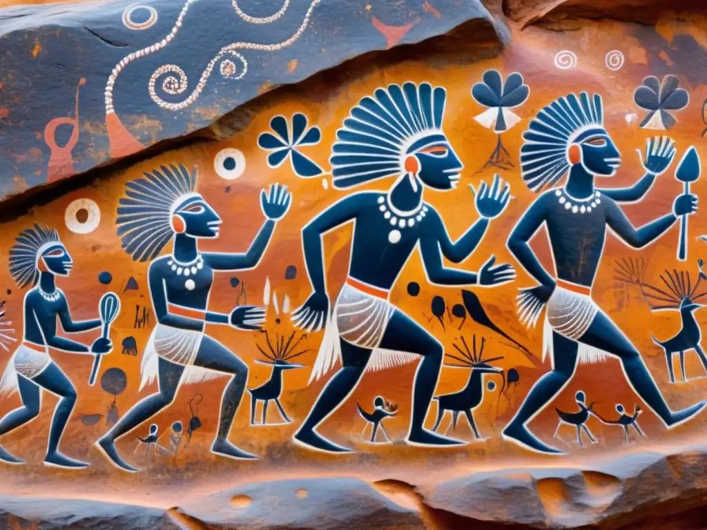 Detalles vibrantes de arte rupestre aborigen: símbolos e historias entrelazadas en la roca