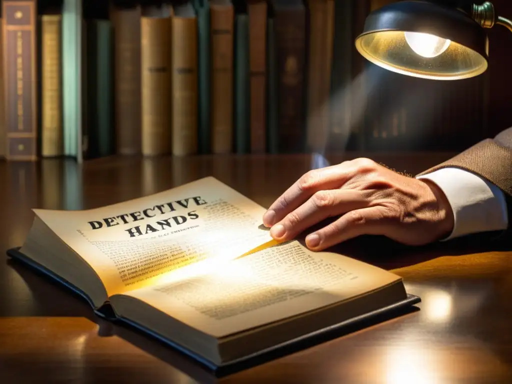 Un detective experimentado examina una novela policiaca con una lupa, iluminado por una lámpara de escritorio