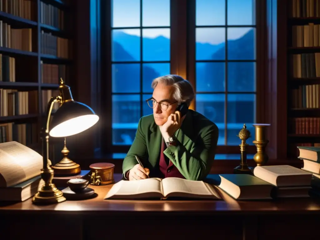 Visión filosófica determinista de Laplace inmerso en un ambiente contemplativo rodeado de libros e instrumentos científicos, iluminado por una cálida luz natural