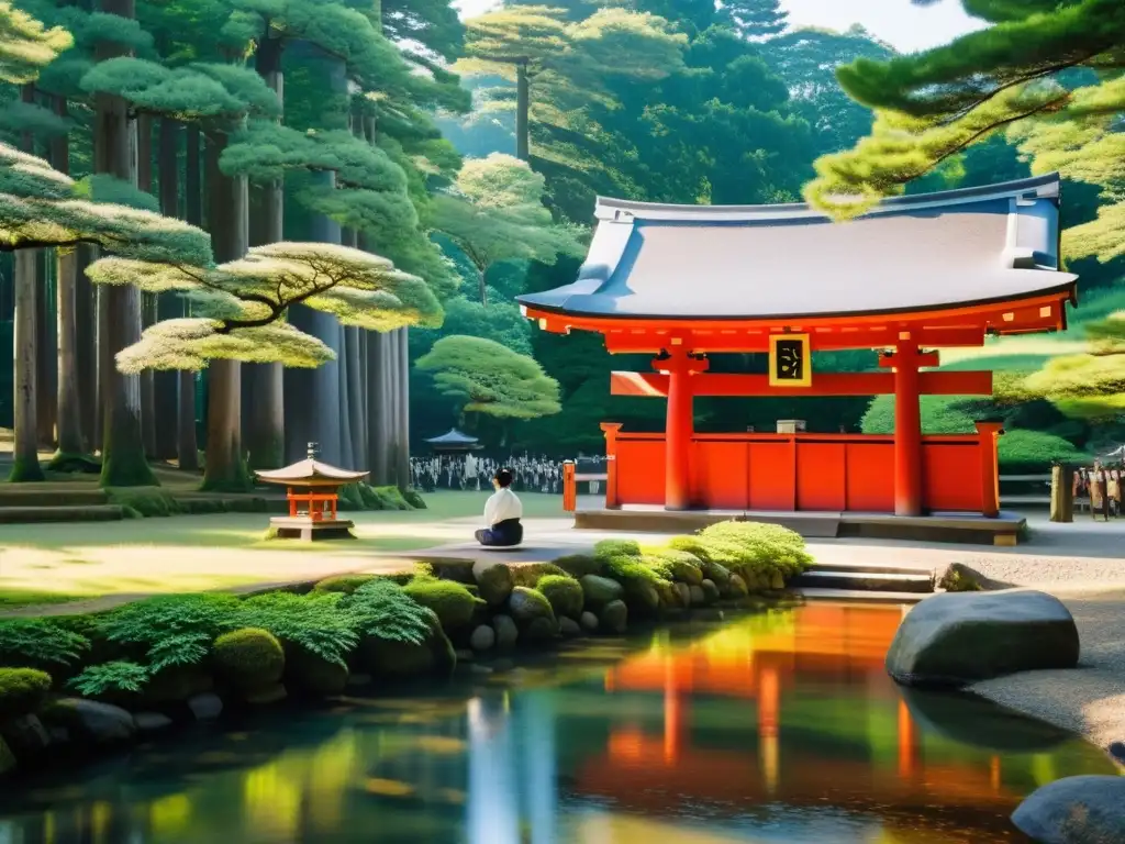 Un devoto ofrece una oración en un claro del bosque japonés, en armonía con la práctica vital del Shinto