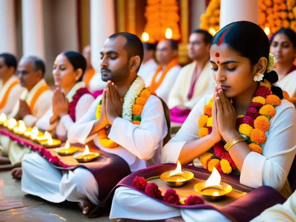 Devotos jainistas en ritual de Pratikramana durante festival Paryushana