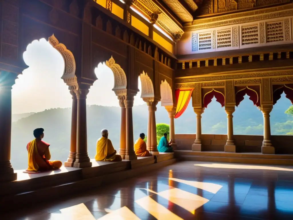 Devotos en oración y meditación en un templo jainista, con intrincadas tallas y detalles arquitectónicos