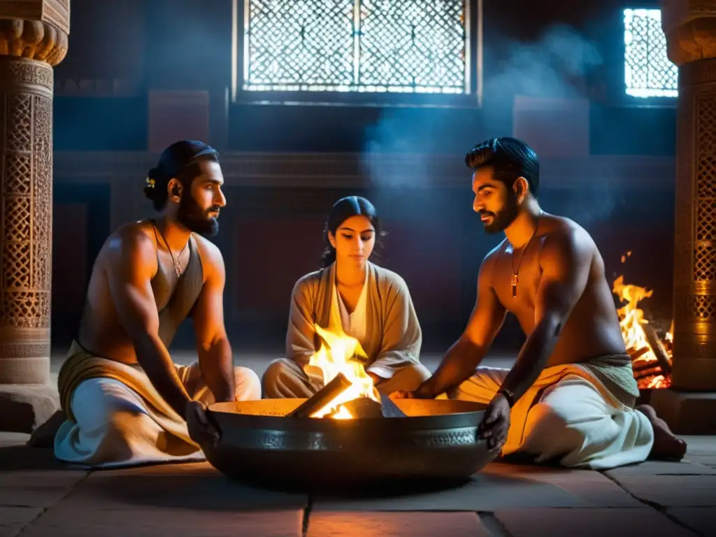 Devotos zoroastrianos se reúnen en un templo iluminado por el cálido resplandor del fuego sagrado, en una escena de devoción atemporal y conexión espiritual