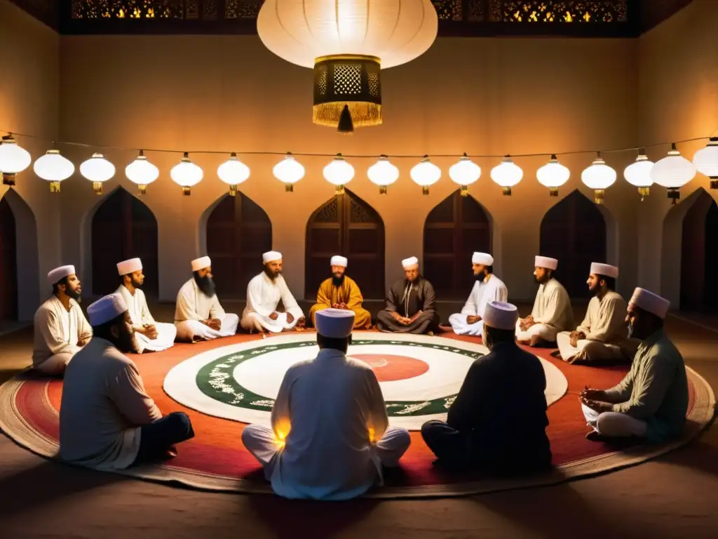 Práctica de dhikr en una mezquita decorada, grupo de sufíes en la iniciación al sufismo