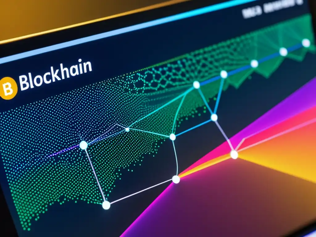 Diagrama de red de tecnología blockchain con transacciones en tiempo real, evocando innovación y equidad digital