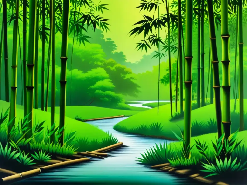 Dialéctica del ser en Hegel: detallada pintura de un tranquilo bosque de bambú con un arroyo serpenteante, exuberante vegetación y realismo asombroso