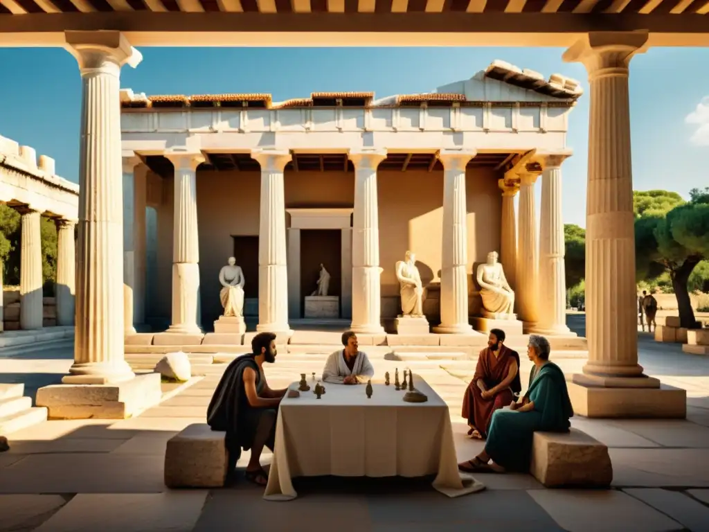 La dialéctica platónica en la antigua ágora griega, donde filósofos buscan la verdad en animados debates bajo columnas de mármol y estatuas
