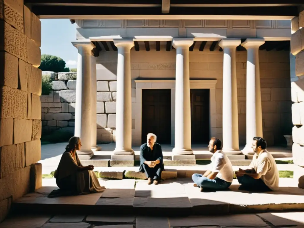Un diálogo filosófico inspirado en la sabiduría socrática, con figuras gestuales y expresiones introspectivas en un antiguo patio griego