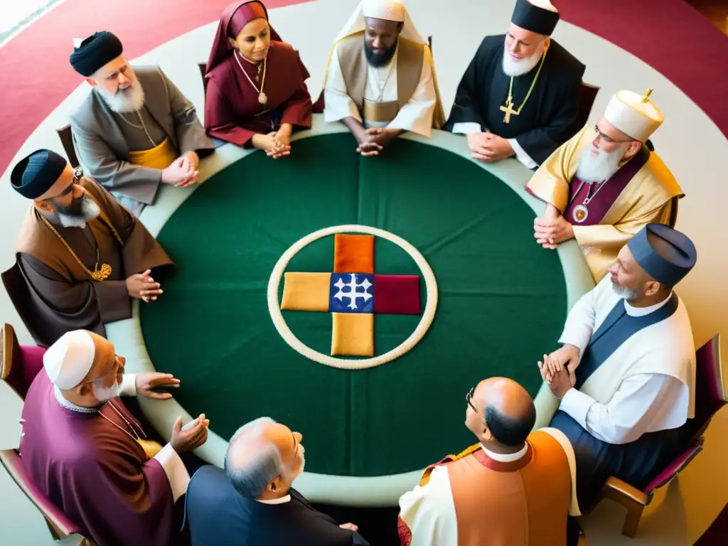Diálogo interreligioso sobre imágenes religiosas: Líderes religiosos diversos en círculo, intercambiando perspectivas en un ambiente sereno y respetuoso