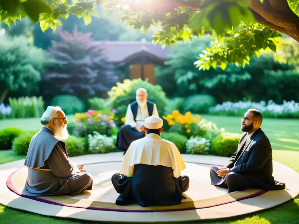 Diálogo interreligioso: líderes de diferentes religiones conversan en armonía en un jardín sereno, mostrando respeto y cooperación
