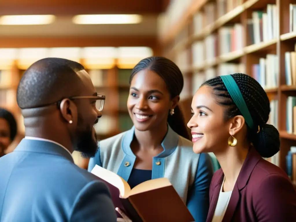 Diálogo interreligioso en la literatura: Grupo diverso conversa con respeto y entusiasmo en biblioteca acogedora