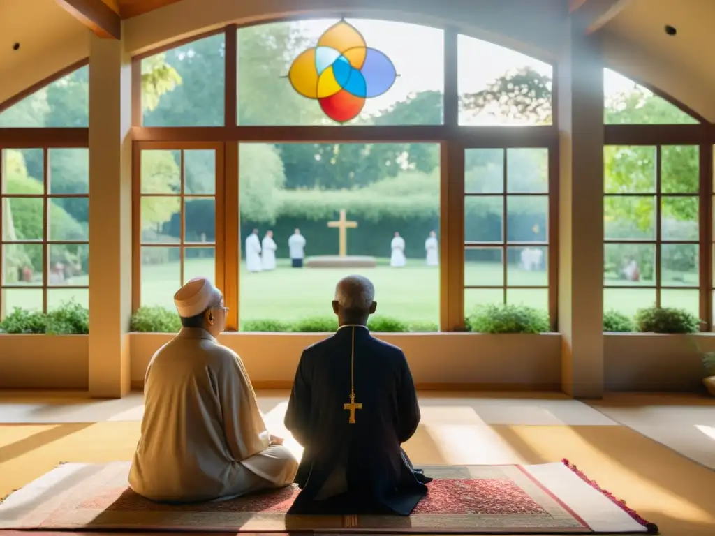 Diálogo interreligioso sensible en un espacio luminoso y armonioso con personas de diversas religiones, reflejando empatía y respeto mutuo
