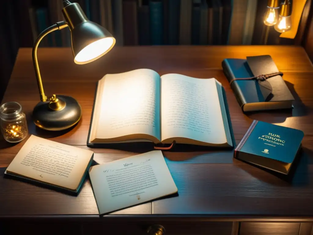 Un diario personal detallado de Carl Jung abierto en un escritorio de madera, con bocetos e notas manuscritas, rodeado de libros de psicoanálisis vintage y una lámpara tenue en el fondo, capturando la esencia de la profundidad e introspección en la psicología anal