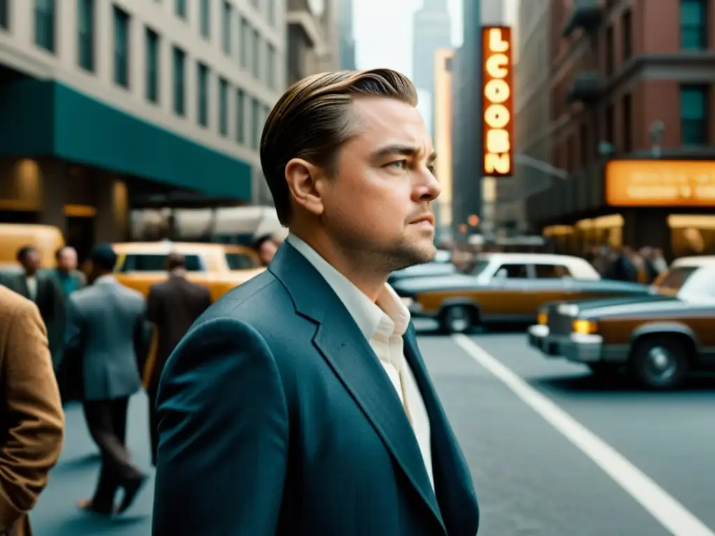 Leonardo DiCaprio como Cobb en Inception, en una bulliciosa calle urbana, capturando la filosofía de la mente en Inception