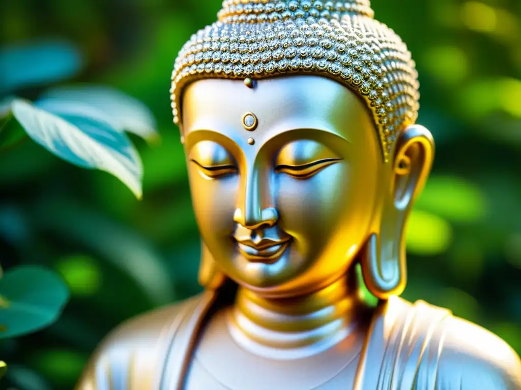 Diferencias entre budismo Theravada y Mahayana: Estatua serena de Buda, bañada en luz dorada, rodeada de naturaleza exuberante