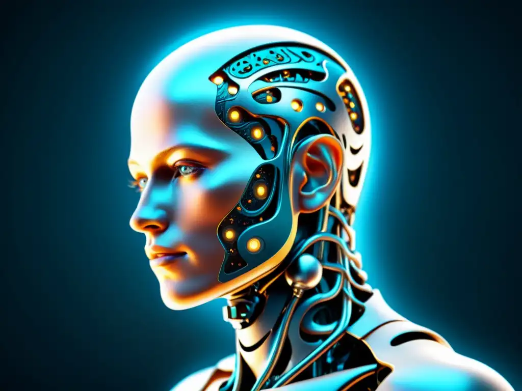 Ilustración digital detallada de la integración de un ser humano con mejoras cibernéticas avanzadas, evocando la ética del transhumanismo