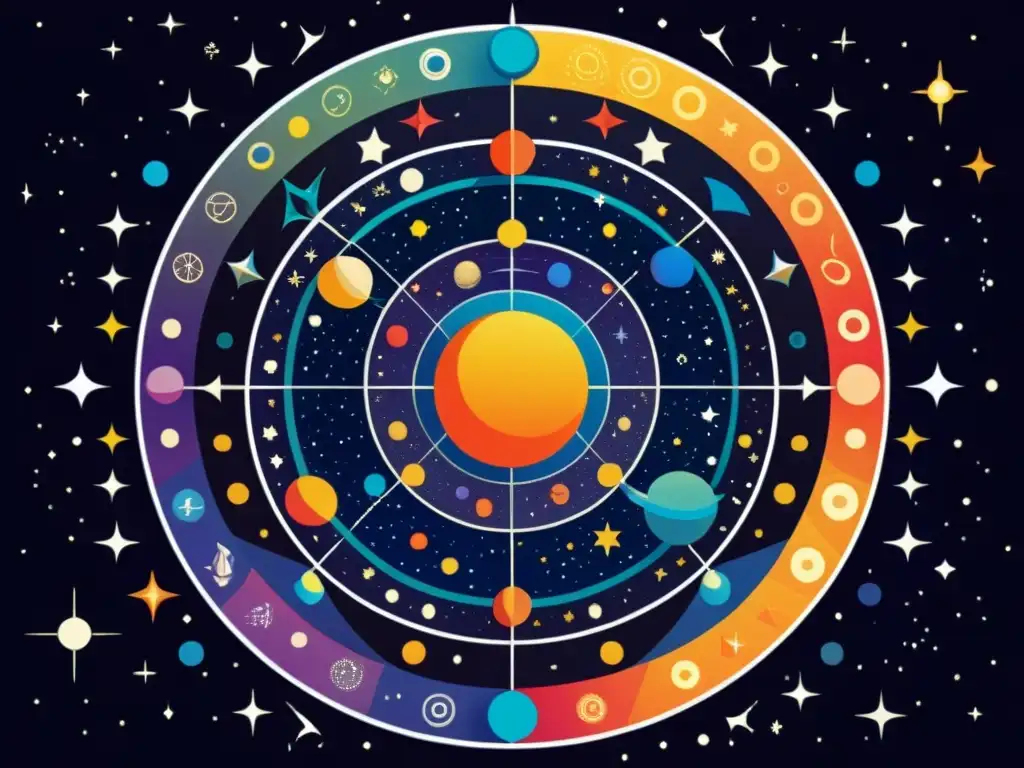 Una ilustración digital de la esfera celestial, con patrones geométricos, ecuaciones matemáticas, estrellas, planetas y constelaciones
