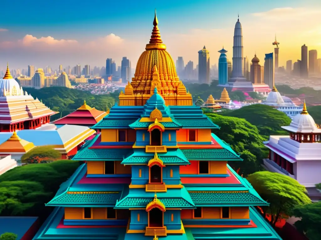 Una ilustración digital vibrante y detallada de un templo hindú tradicional en una bulliciosa ciudad moderna