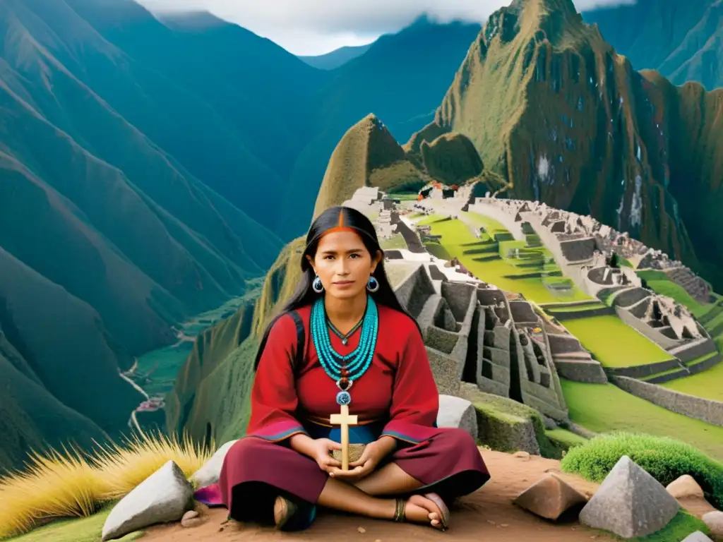 Una ilustración digital vibrante de una sabia mujer andina en un entorno montañoso tradicional, transmitiendo la esencia del rol de la mujer en la filosofía andina