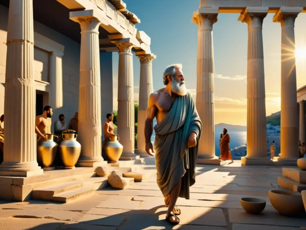 Diógenes el Cínico en el bullicioso mercado griego, con su linterna y mirada intensa, desafiando la Filosofía de Diógenes el Cínico