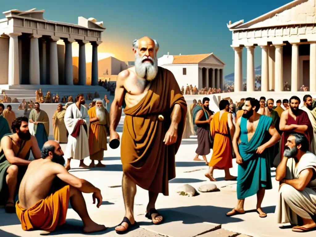 Diógenes, filósofo cínico, desafía convenciones en bullicioso mercado en su búsqueda de autenticidad y verdad