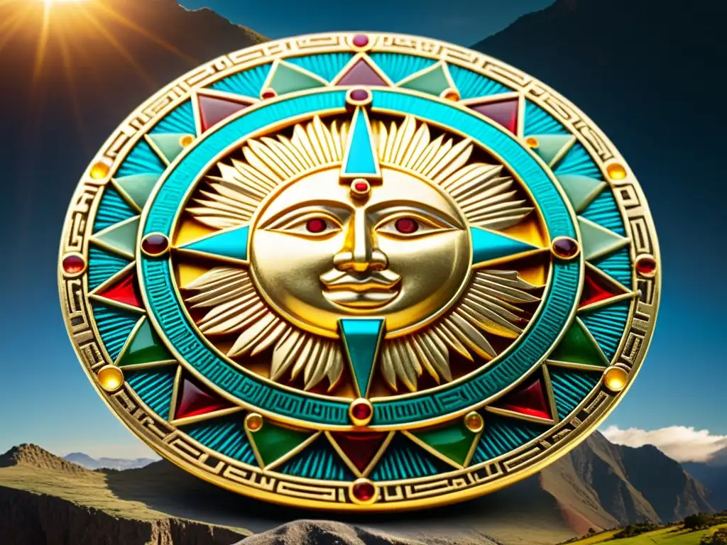 Un disco solar inca de oro con influencia de Wiracocha, rodeado de gemas, contra el telón de fondo de los majestuosos Andes