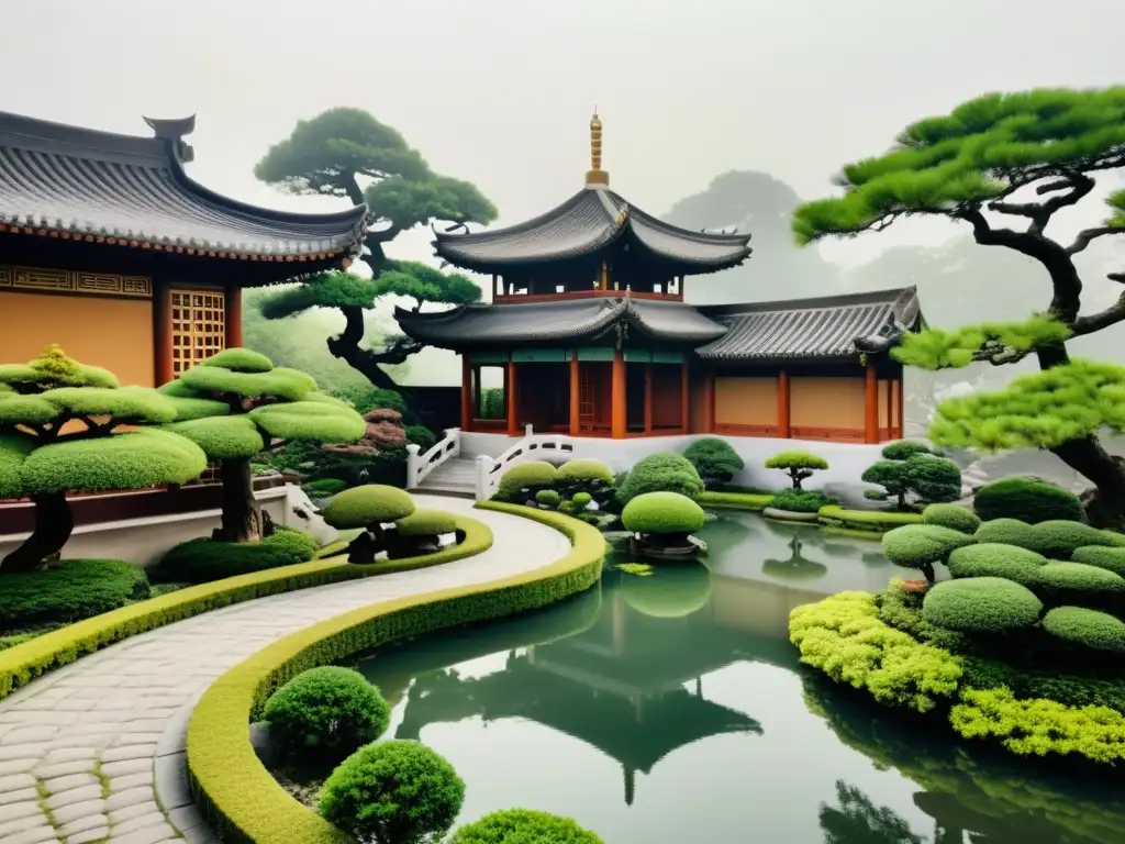 Diseño de espacios de paz: Jardín taoísta exuberante con bonsáis, senderos sinuosos y estanque tranquilo en ambiente sereno y armonioso