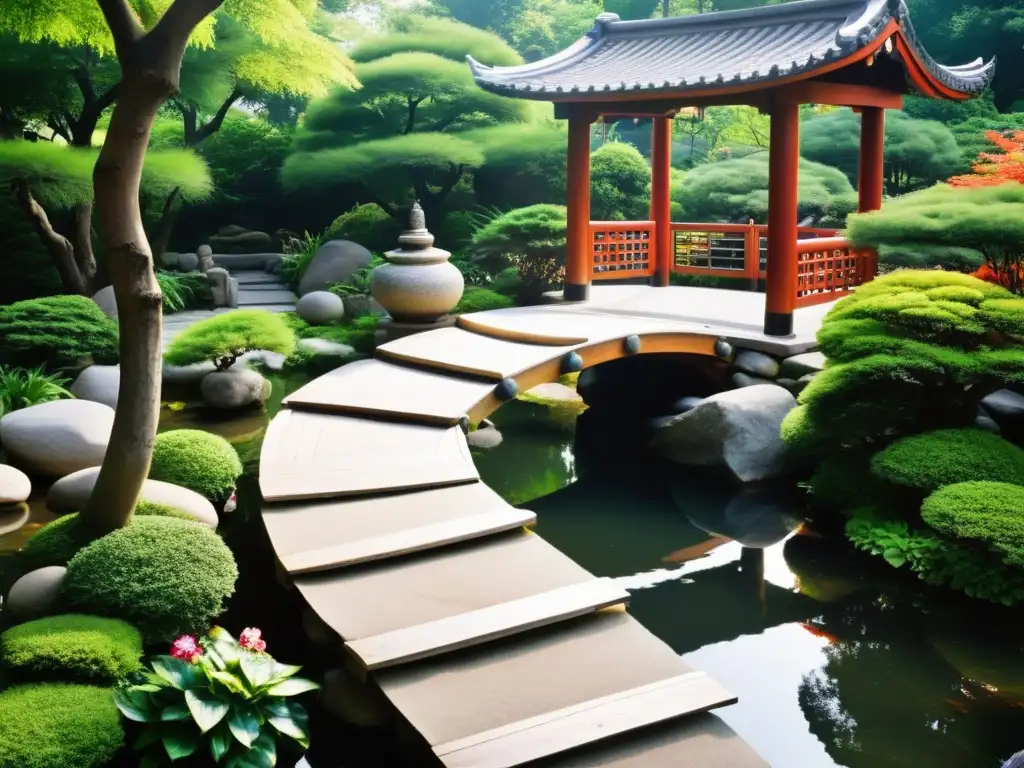 Diseño de espacios de paz: Jardín taoísta con sendero de piedra, estanque, puente de madera, tranquilidad y belleza natural