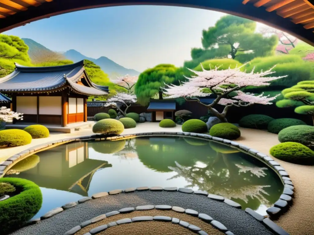Diseño de espacios de paz: Jardín Taoísta sereno con estanque, árboles de cerezo y estructuras de madera tradicionales