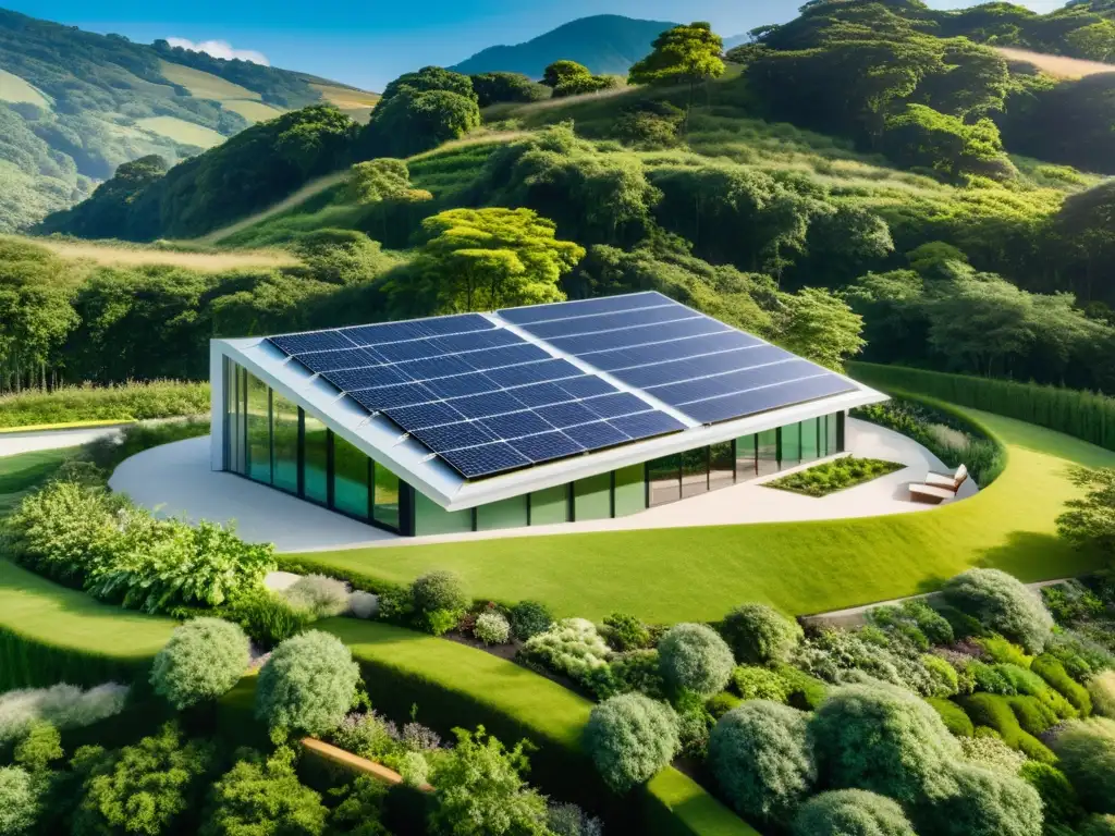 Diseño sustentable influenciado por ecología profunda: Edificio moderno integrado en paisaje verde, con paredes verdes vivas y jardín en la azotea