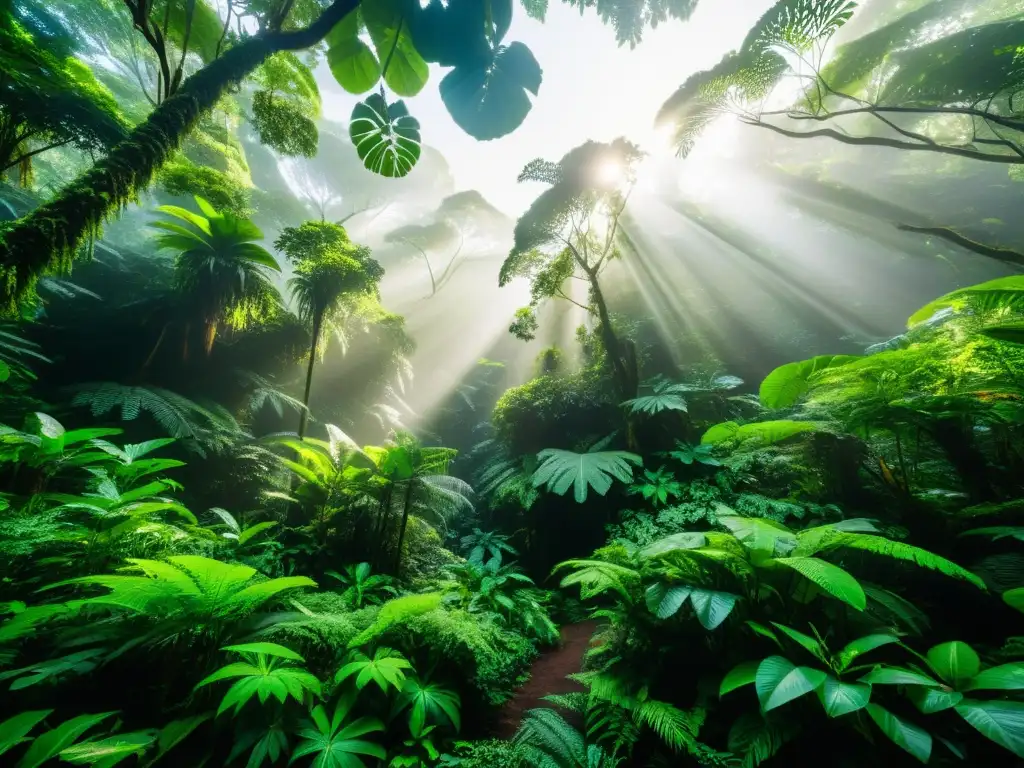 Diseño sustentable influenciado por ecología profunda: Fotografía de selva biodiversa, con exuberante vegetación y luz solar entre el dosel