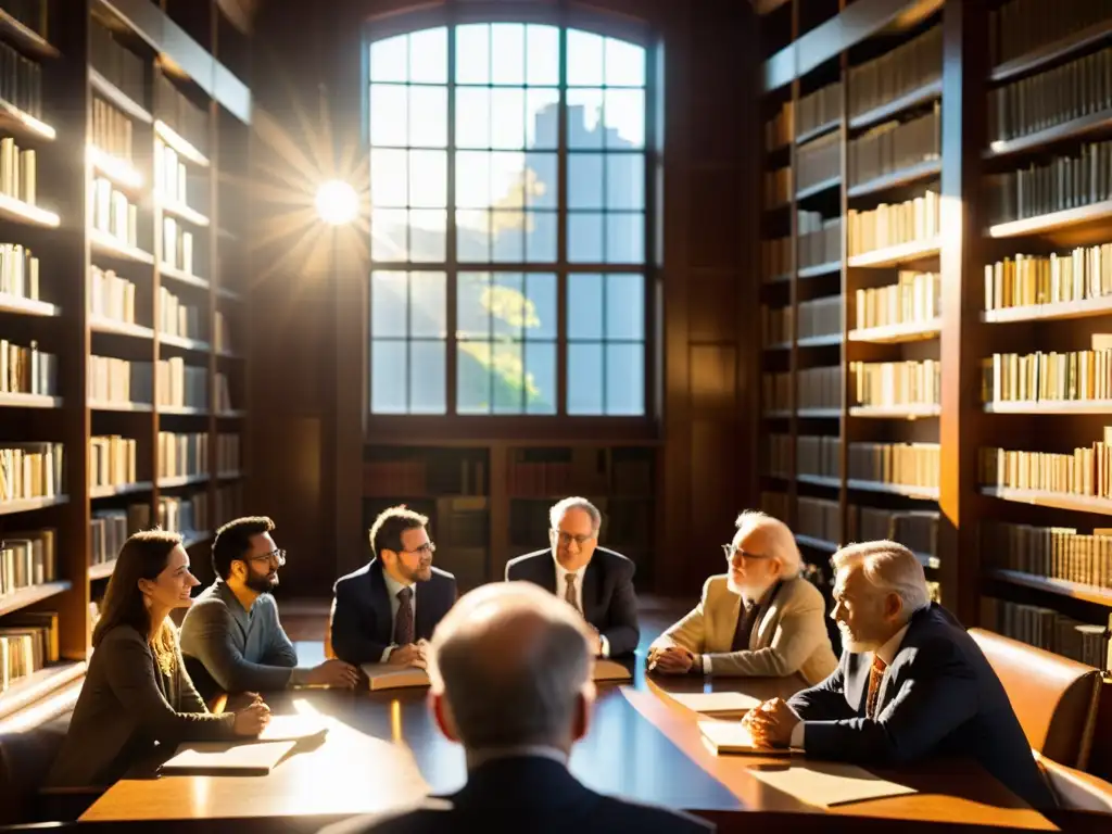 Distinguidos académicos debaten apasionadamente en un aula soleada, rodeados de libros antiguos