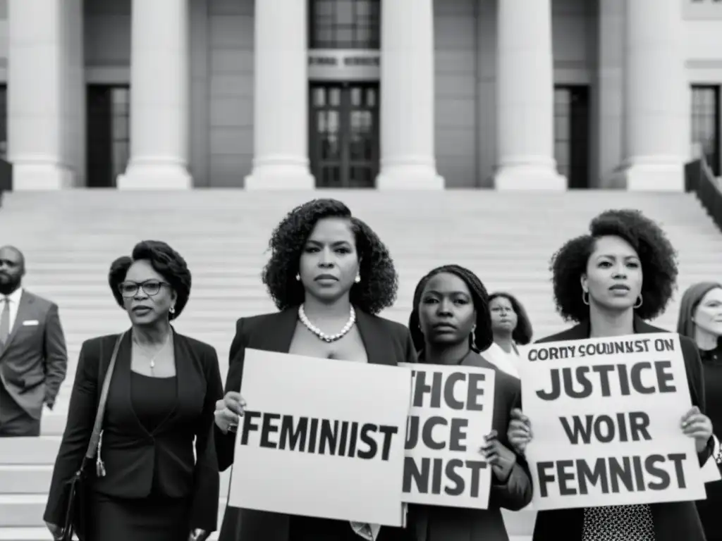 Diverso grupo de mujeres desafía teorías de justicia tradicionales frente a la corte, expresando determinación y unidad en su lucha feminista