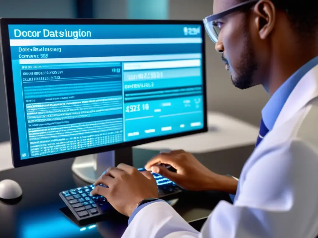 Un doctor analiza detenidamente datos médicos en la pantalla, con la luz reflejada iluminando su expresión concentrada
