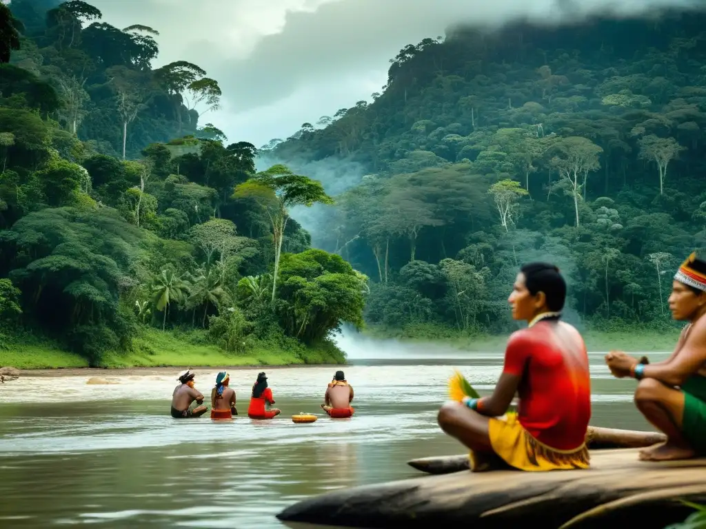Una fotografía documental de alta resolución muestra a un grupo de indígenas reunidos alrededor de un río en la selva amazónica