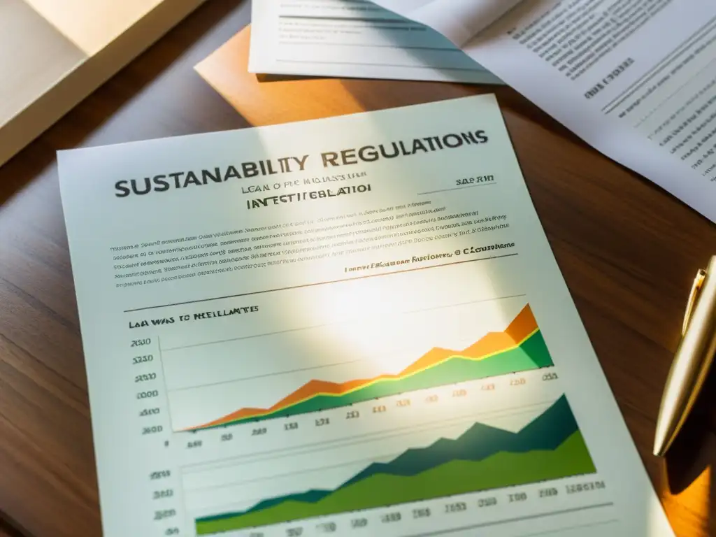 Documentos legales y regulaciones financieras relacionadas con la sostenibilidad e inversión, destacando la transparencia en la luz cálida del sol