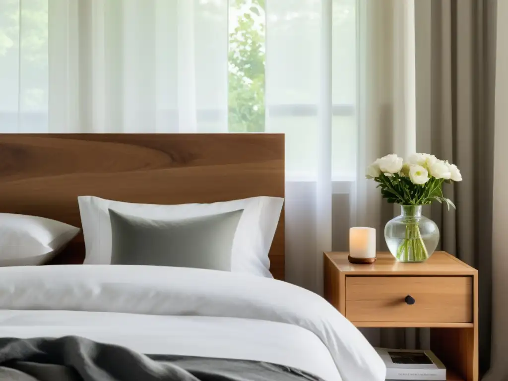 Un dormitorio minimalista y sereno con luz natural, cama hecha, mesita de noche de madera y flores frescas