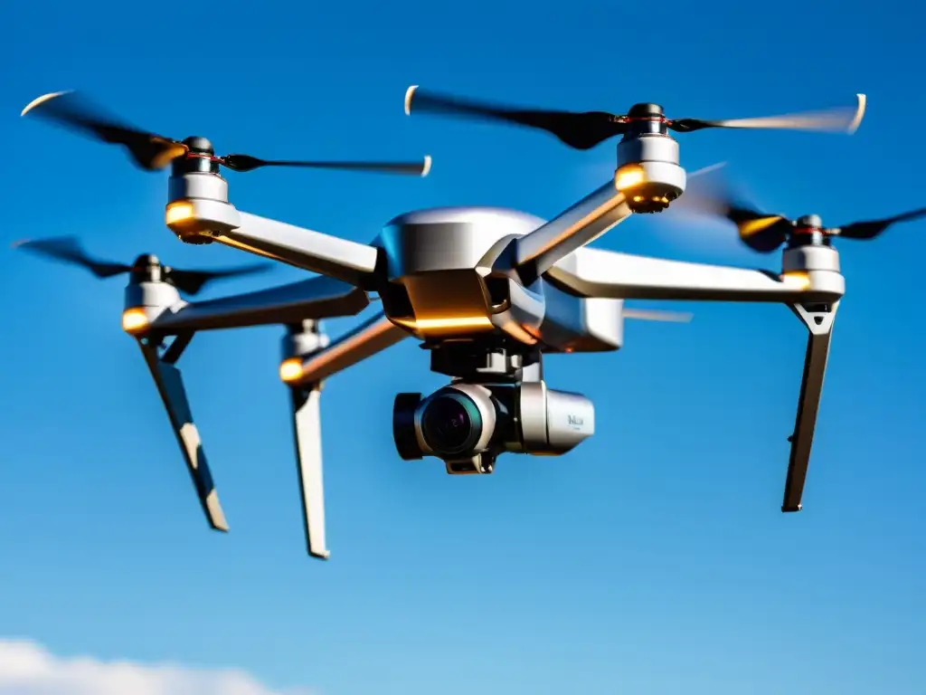 Un drone autónomo de combate, con diseño futurista, en vuelo en un cielo azul