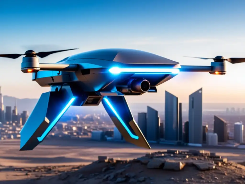 Un drone militar futurista y elegante sobrevuela un paisaje desolado mientras su superficie metálica refleja la luz del sol