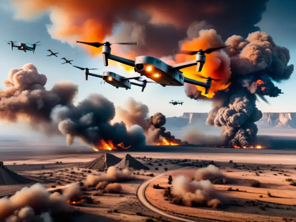 Drones autónomos sobrevuelan un paisaje de destrucción, destacando la Ética del combate con drones autónomos en la guerra moderna