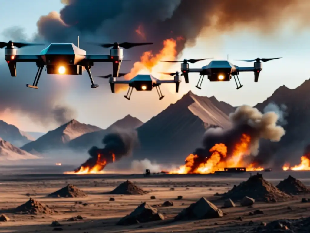 Drones autónomos sobrevuelan paisaje devastado, reflejando la ética del combate con drones autónomos