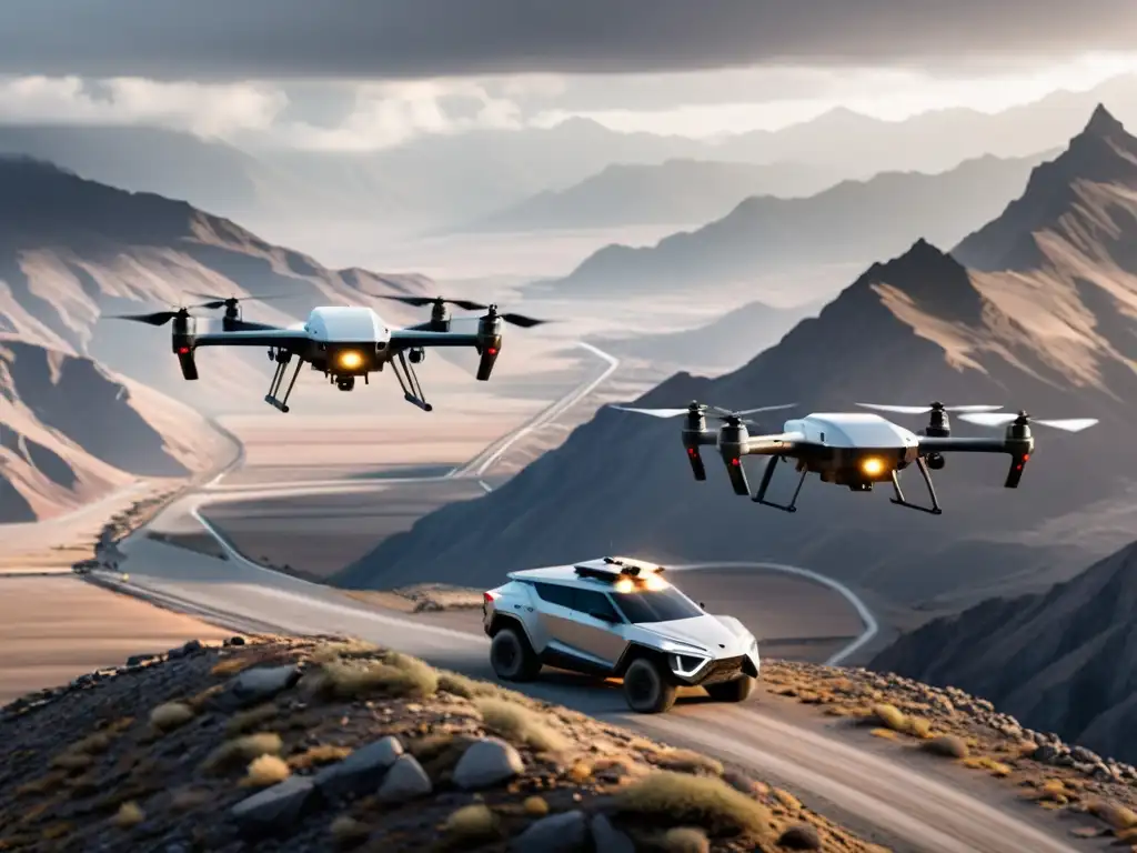 Drones autónomos sobrevolando un paisaje montañoso con vehículos militares