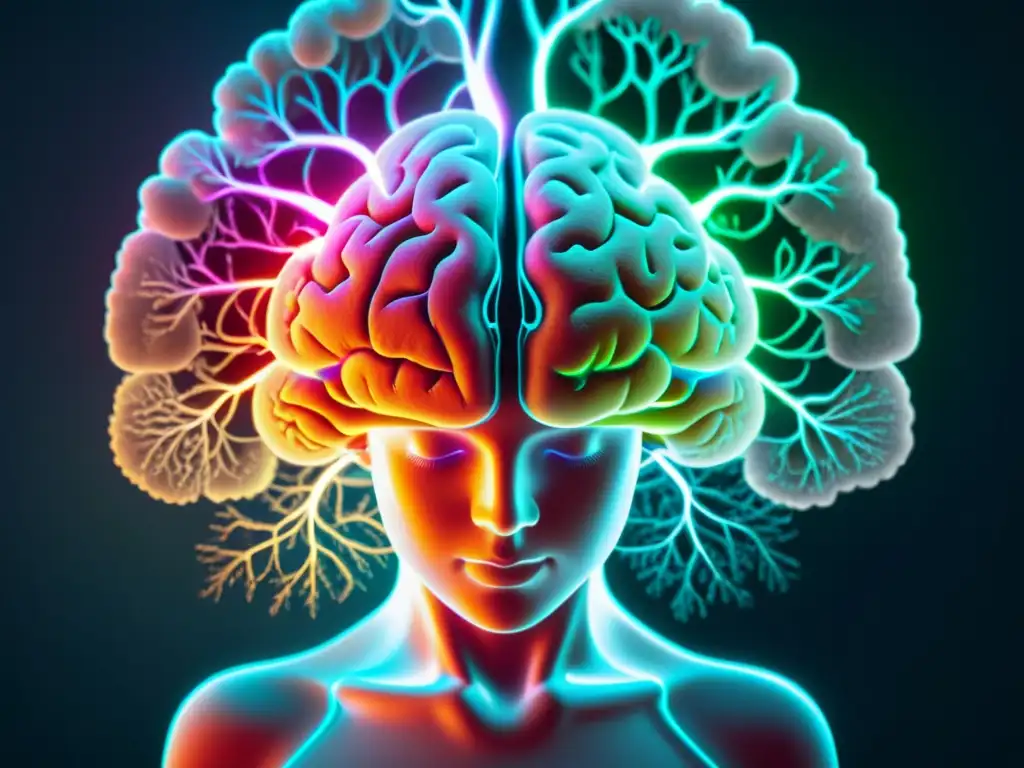 Dualidad mente cuerpo: imagen del cerebro humano radiante y el cuerpo en postura de yoga, representando la interconexión y equilibrio filosófico