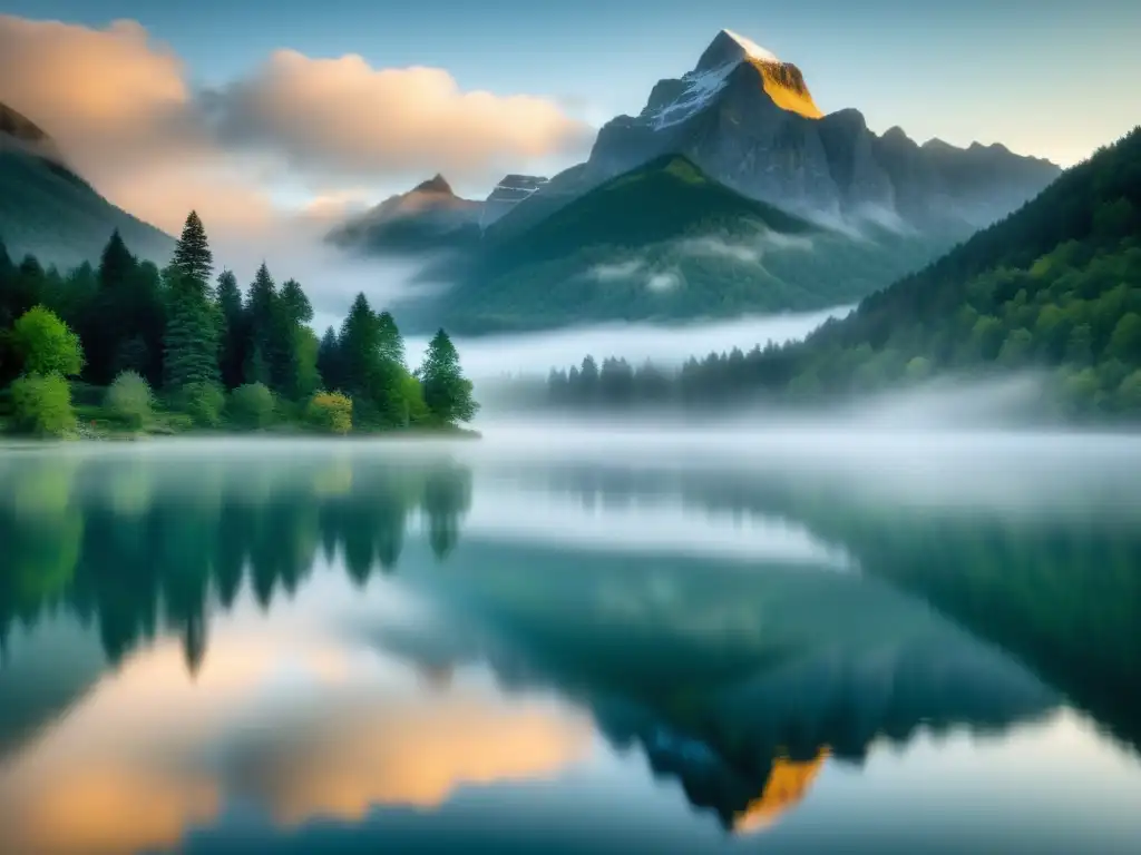 Dualidad en la naturaleza: la serenidad de la montaña envuelta en niebla, reflejada en un lago tranquilo